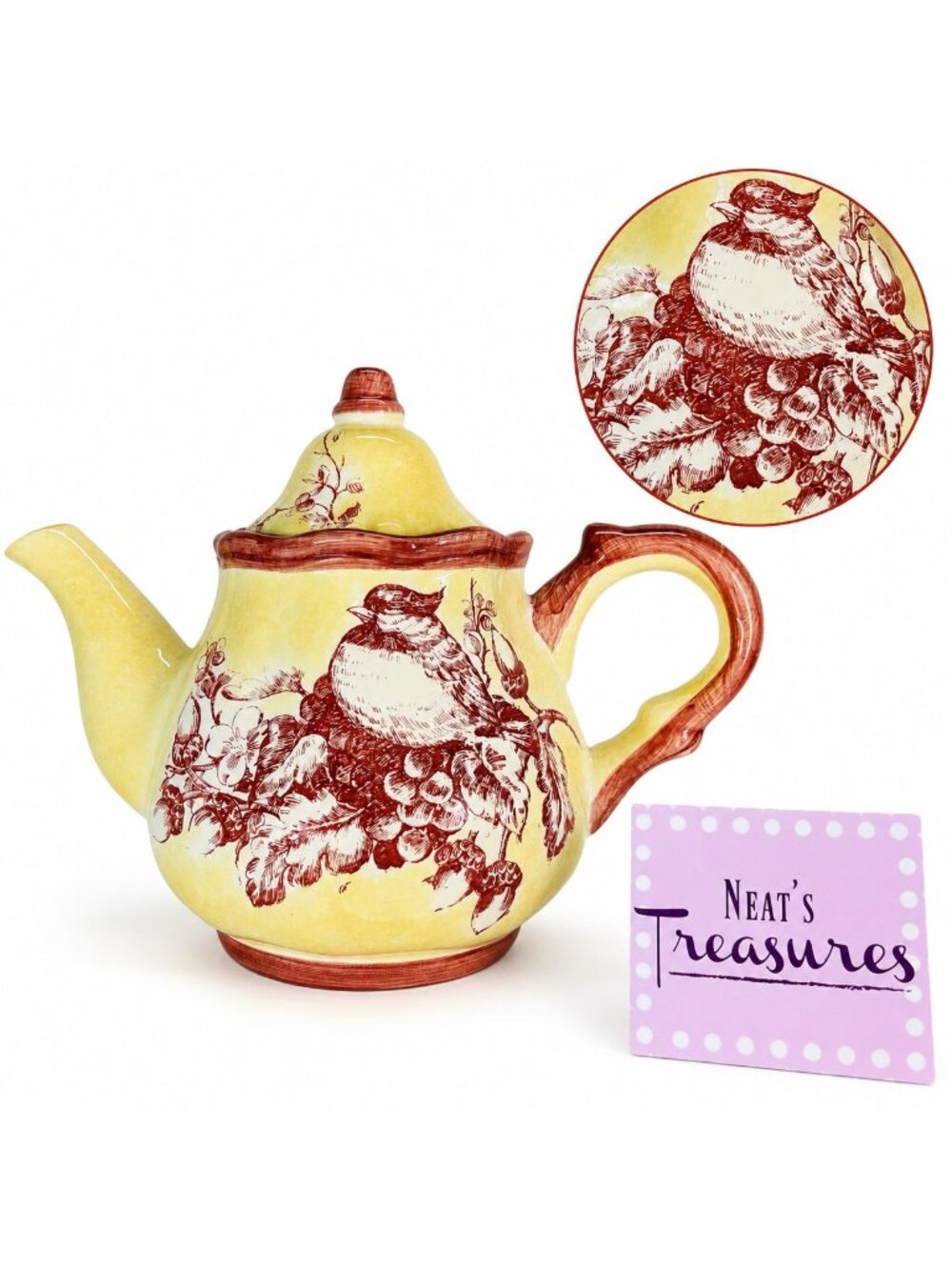 Maxcera ROSE TOILE Pink Decals Bird Nest Yellow Lidded 7 Cups Ceramic Teapot